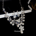 Silver Rhinestone Pearl Teardrop V Necklace Earring Set view 2