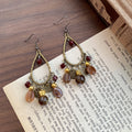 Five Brown Beaded Fringe Boho Statement Long Hook Earrings view 4