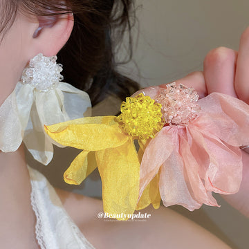 Layered Fabric Petal Flower Earrings in Four Soft Colors