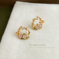 Gold Tone Pink Flower Green Leaf And Pearl Wreath Stud Earrings view 6