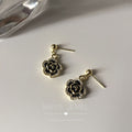 Gold Ball Post Black Enamel Camellia Drop Stud Earrings view 4