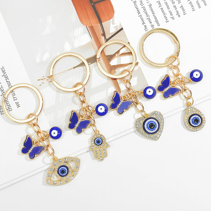 Gold Blue Butterfly Evil Eye Keychain With Crystal Pendant