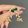 Gold Tone Green Stone Leaf Branch Ear Climbers Jewelry view 3