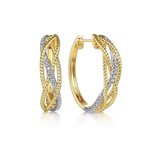 Front pair of two-tone twisted rope clear pavé hoop earrings