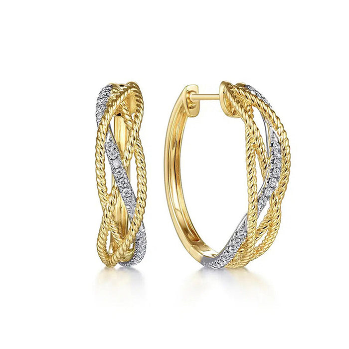 Two-Tone Twisted Rope Hoop Earrings Gold Clear Pavé