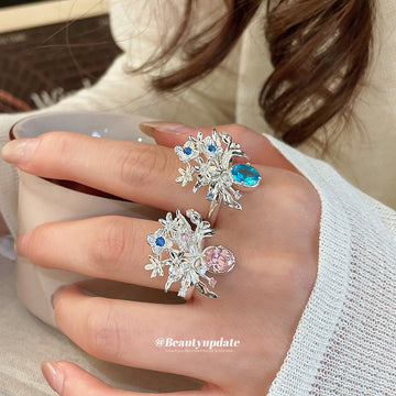 Silver Open Floral Bouquet Ring Oval Center Stone Two Colors
