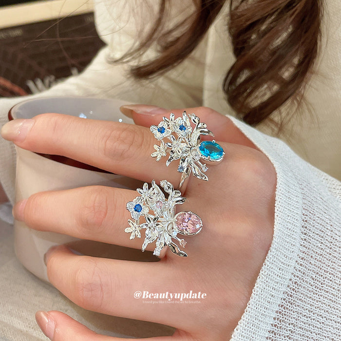 Silver Open Floral Bouquet Ring Oval Center Stone Two Colors
