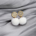 Pave Crystal Disc Stud Earrings Soft Fur Pom Pom Drops view 7