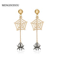 Gold Spiderweb and Black Spider Chain Dangle Earrings view 1
