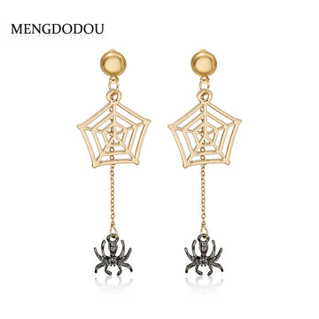 Gold Spiderweb and Black Spider Chain Dangle Earrings