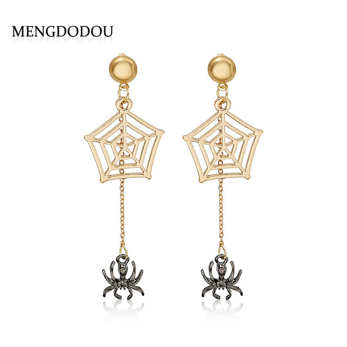 Gold Spiderweb and Black Spider Chain Dangle Earrings