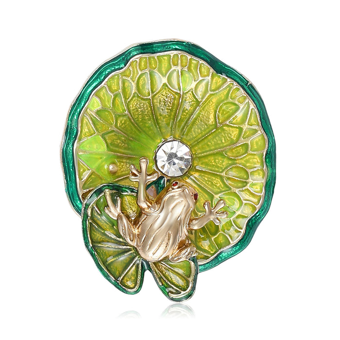 Gold Frog Lily Pad Brooch Green Enamel Rhinestone Pin