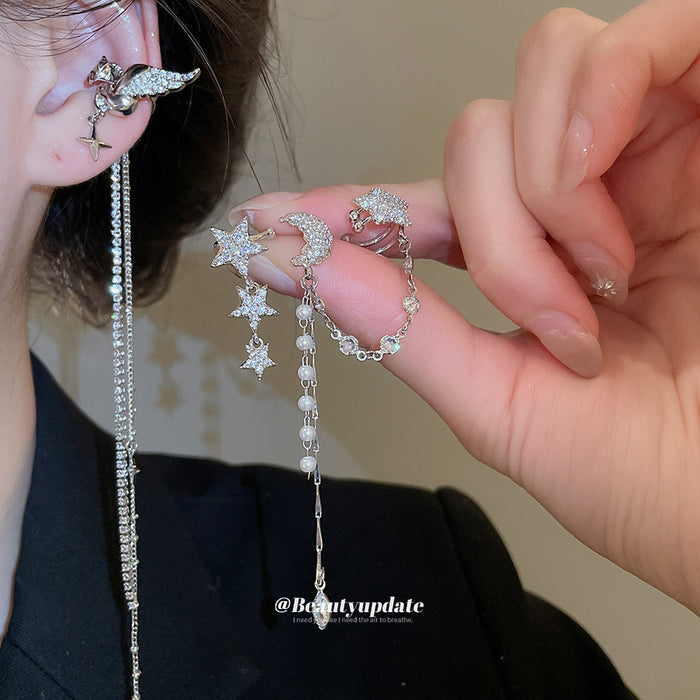 Silver And Gold Tone Star Moon Ear Cuffs With Chain Drops