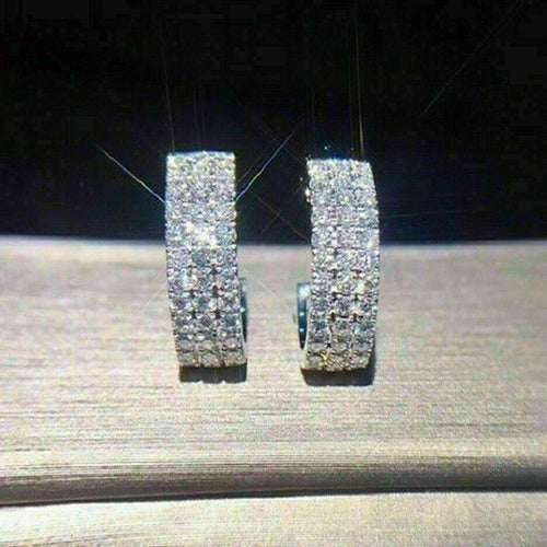Triple Row Pavé Huggie Hoop Earrings in Silver Tone shown in alternate angle
