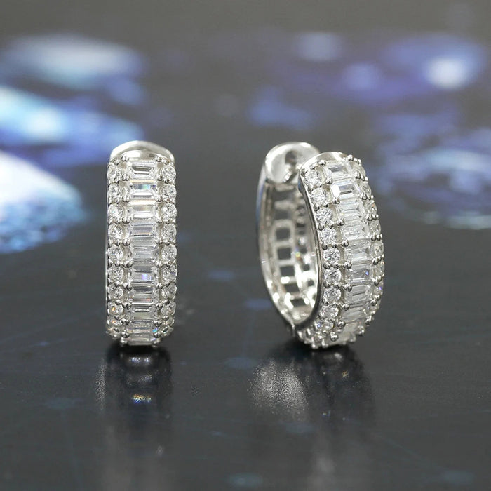 Silver Tone Crystal Pave Huggie Hoop Earrings Polished Metal Earrings