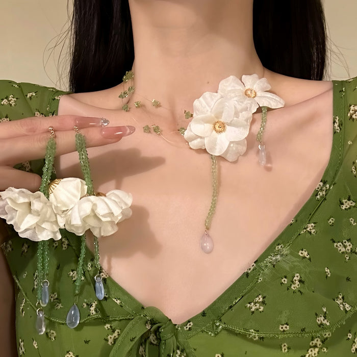 White Fabric Flower Green Bead Necklace Drop Earrings