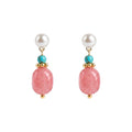 Gold Pearl Turquoise Strawberry Quartz Drop Stud Earrings view 5