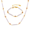 Gold Steel Faux Pearl Square Pink Zircon Necklace and Bracelet Set view 5