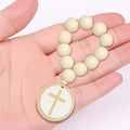 Cream Wood Bead Round Cross Disc Pendant Prayer Bracelet view 3