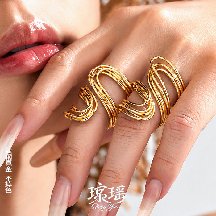 Layered Wire Wave Open Ring in Polished Gold Tone Size Seven