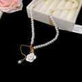 White Pearl Enamel Camellia Pendant Gold Dangle Necklace view 6