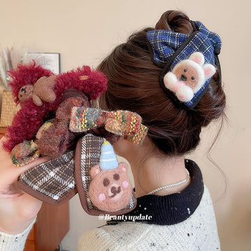 Flocked Plaid Bow Bear Rabbit Hair Claw and BB Clip Styles