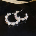 Pink Enamel Flower Hoop Earrings with Pearl Accents view 6