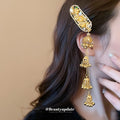 Gold Tone Floral Crystal Barrette With Three Bell Cluster Tassels view 2