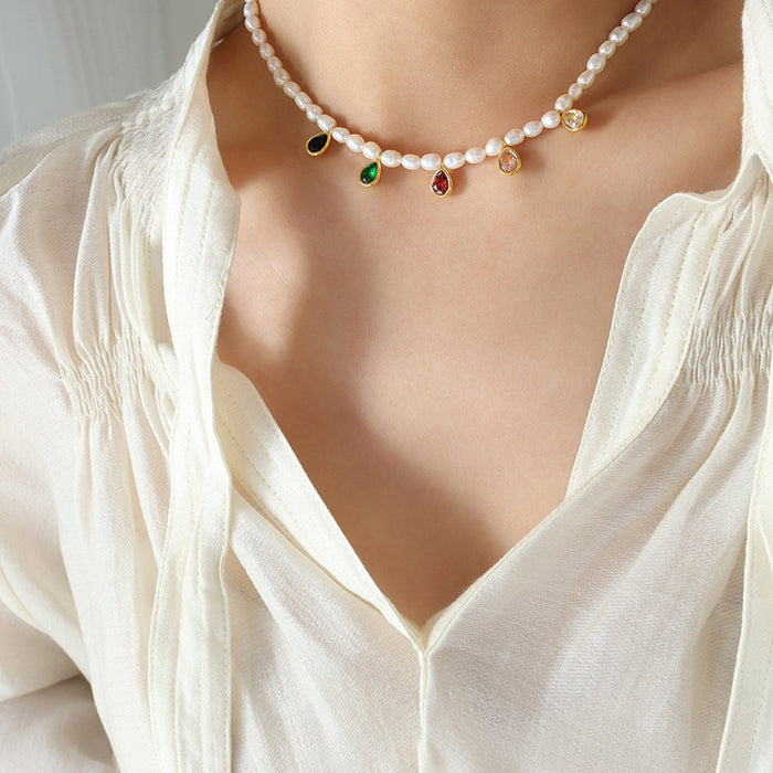 Freshwater Pearl Necklace Gold Teardrop Multicolor Charms