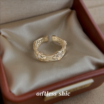 Coffee Gold Open Adjustable Fleur-De-Lis Clear Stone Band Ring