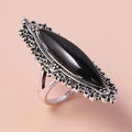 Antique Silver Marquise Black Cabochon Filigree Ring view 1