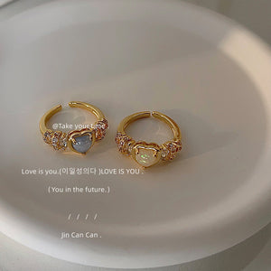 Gold Tone Clear Stone Heart Open Adjustable Rings In White And Blue