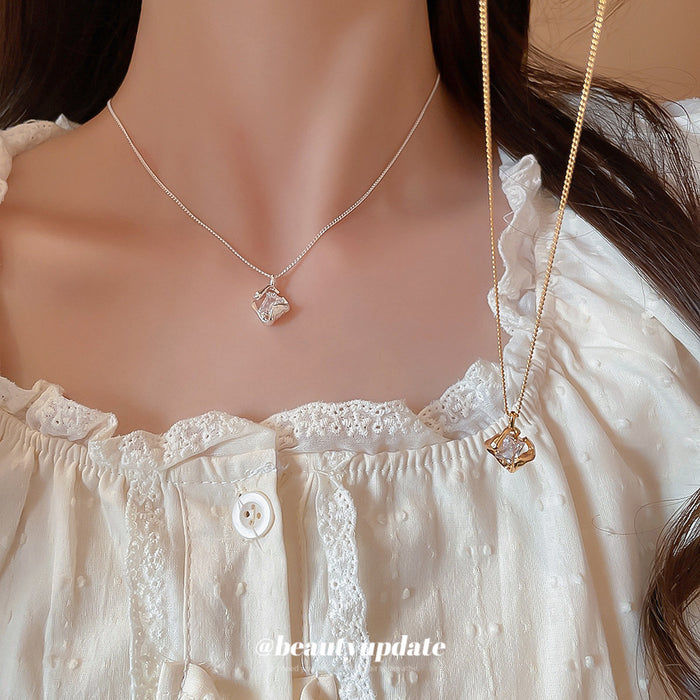 Organic Wavy Frame Square Clear Stone Pendant Necklace Two Tones