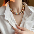 Gold Wrapped Multicolor Ceramic Bead Chunky Collar Necklace view 3