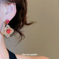 Gold Tone Red Crystal and Rose Flower Drop Stud Earrings view 3