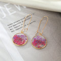 Gold Tone Round Clear Resin Pressed Flower Long Wire Earrings view 6