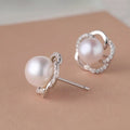 Silver Faux Pearl Open Flower Stud Earrings With Stones view 2