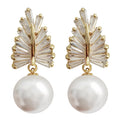 Gold Tone Leaf Earrings With White Faux Pearl Drops view 2