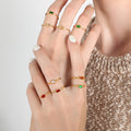 Gold Thin Band Rings Square Zircon and Oval Glass Stones view 3