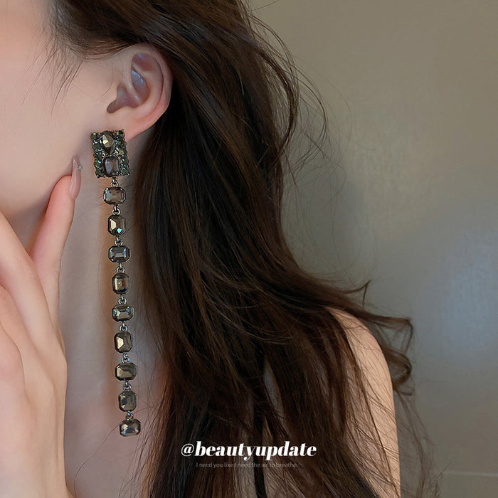 Black Crystal Square Linear Tassel Drop Earrings Polished Metal Jewelry