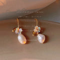 Gold Tone Pastel Flower Cluster And Baroque Pearl Hook Earrings view 1
