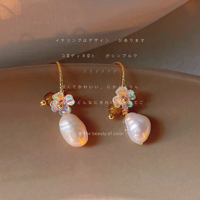 Gold Tone Pastel Flower Cluster And Baroque Pearl Hook Earrings