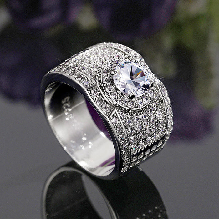 Silver Tone Wide Pave CZ Center Stone Band Ring Sizes 8-12