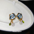 Blue Rose Floral Stud Earrings with Round Faux Pearl Drop view 2