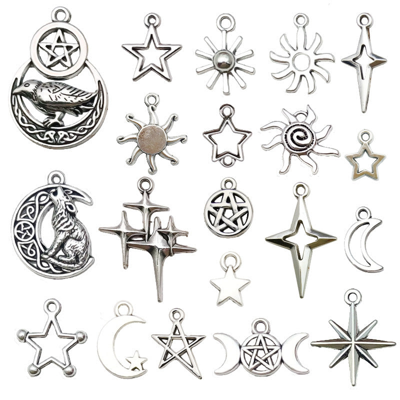 Antique Silver Zinc Alloy Five Point Star Sun Moon Charm Pendant for DIY Jewelry