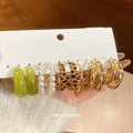 Mixed Hoop Earring Six Pair Set Gold Pearl Leopard Green view 1