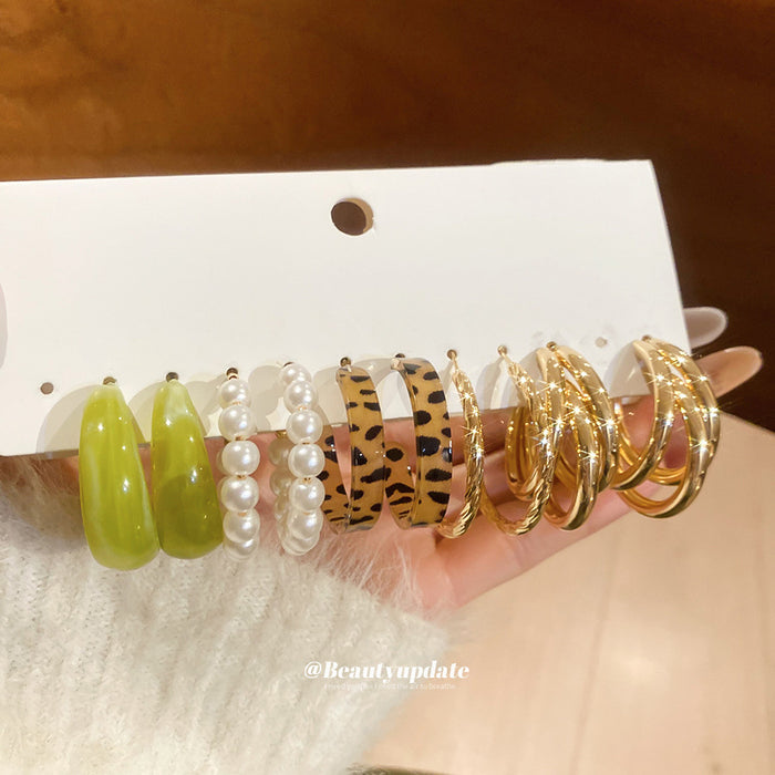 Mixed Hoop Earring Six Pair Set Gold Pearl Leopard Green