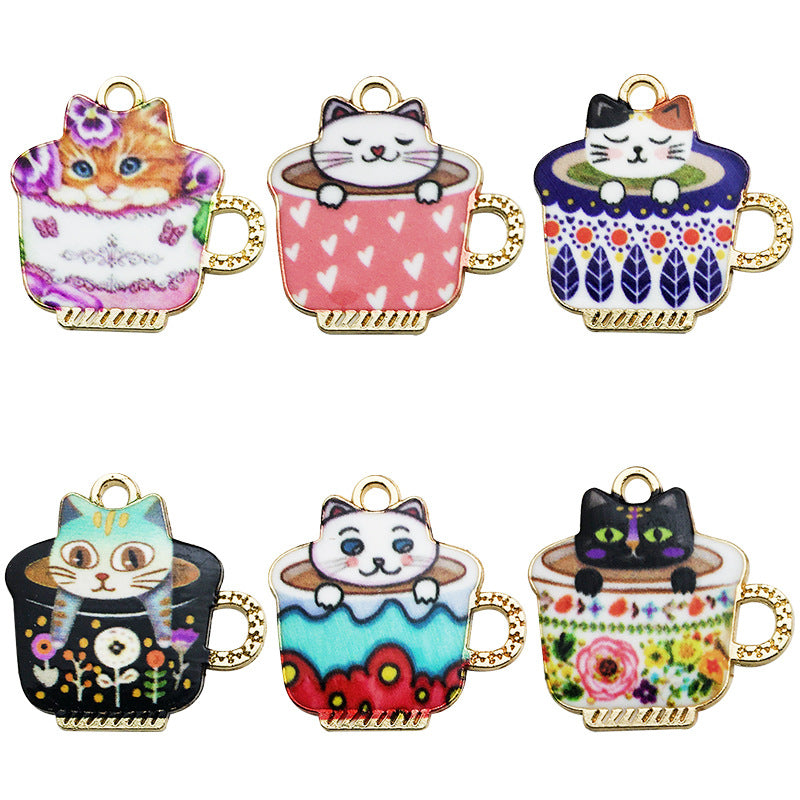 Enamel Zinc Alloy Cup Cat Charm Pendant for DIY Earrings Necklace Jewelry Accessories