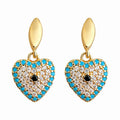 Gold Oval Stud Pave Heart Drop Earrings Turquoise Rim view 5