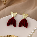 Gold Shell Stud Burgundy Velvet Petal Drop Earrings view 4